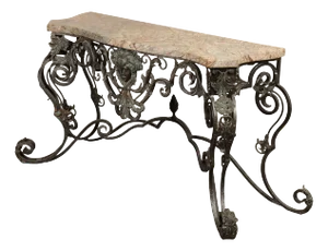 Maitland Smith Italian Rococo Style Scrolled Iron And Bronze Marble Top Console Table