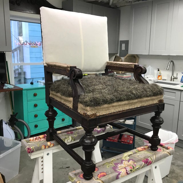 1920s Oak Leather Linen Armchair Reupholstered For Sale - Image 12 of 12