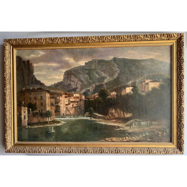Lively Village by the River, 20th Century, Oil Painting on Canvas, Framed For Sale - Image 15 of 18