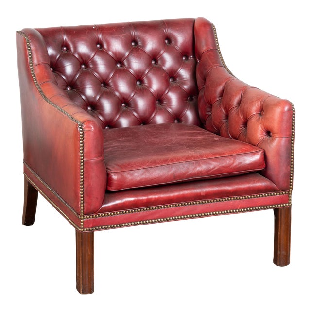 20th Century English Vintage Red Leather Square Club Chair For Sale