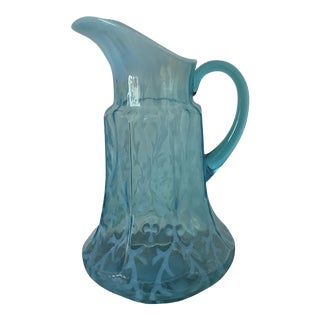 Vintage Northwood Blue Opalescent Glass Water Pitcher For Sale