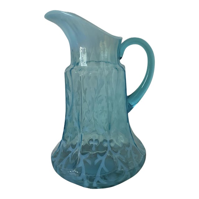 Vintage Northwood Blue Opalescent Glass Water Pitcher For Sale