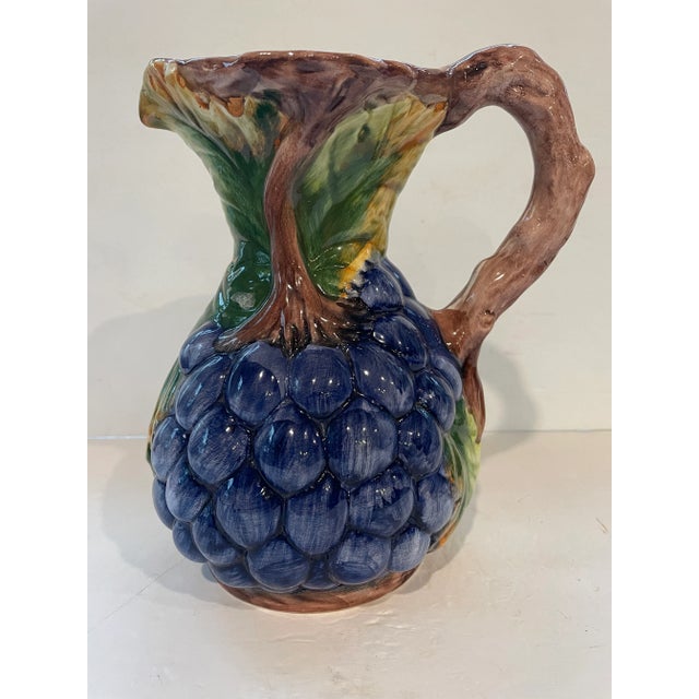 Blue Italian Hand Painted Ceramic Pottery Pitcher With Grapes For Sale - Image 8 of 8