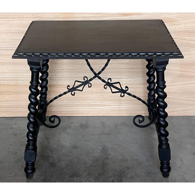 Baroque 19th Spanish Side Table with Cared Turned Legs and Iron Stretcher For Sale - Image 3 of 18