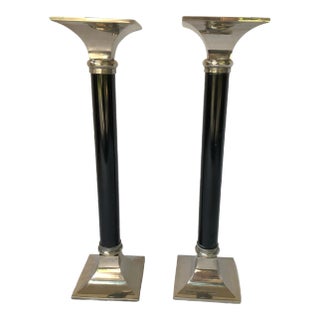 Set of Two Vintage Black and Silver Art Deco Candle Sticks Chrome For Sale