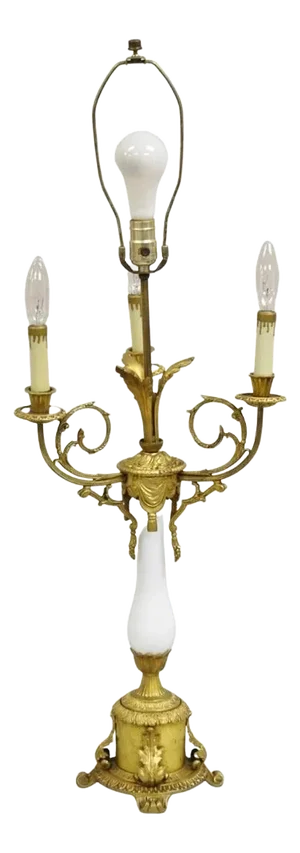 Antique French Louis XV Style Gilt Bronze & Porcelain Candelabra Table Lamp