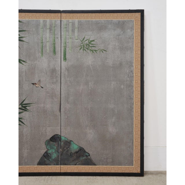 Silver Japanese Showa Four Panel Screen Bamboo in Misty Landscape For Sale - Image 8 of 18