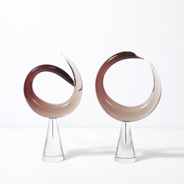 Glass Mid-Century Hand-Blown Spiraled Murano Glass Bird Sculptures Signed Salviati - Set of 2 For Sale - Image 7 of 17