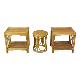 Nightstands and Stool in Bamboo and Vimini, 1960s, Set of 3 For Sale