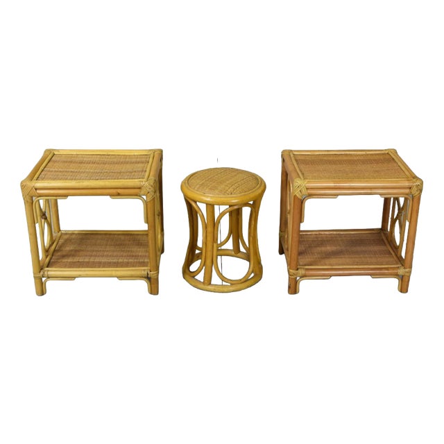 Nightstands and Stool in Bamboo and Vimini, 1960s, Set of 3 For Sale