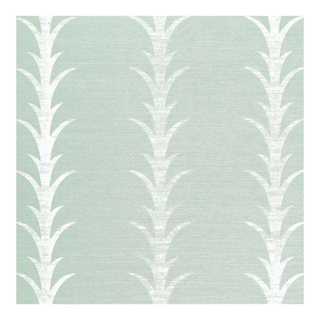 Schumacher X Celerie Kemble Acanthus Stripe Sisal Wallpaper in Seaglass & Chalk For Sale