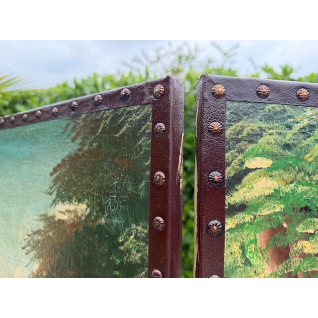 Vintage Hand-Painted Peacock & Landscape Four-Panel Folding Screen For Sale - Image 14 of 16