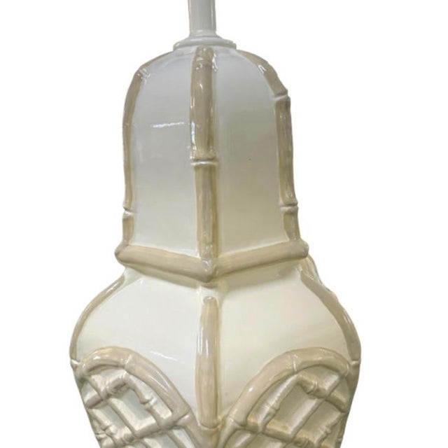 Ceramic Vintage Faux Bamboo Palm Beach Regency Glazed Ceramic Lamps – Pair For Sale - Image 7 of 9