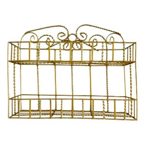 Mid 20th Century Vintage Gold Gilt Metal Hollywood Regency Scrolling Iron 2 Tier Small Wall Shelf