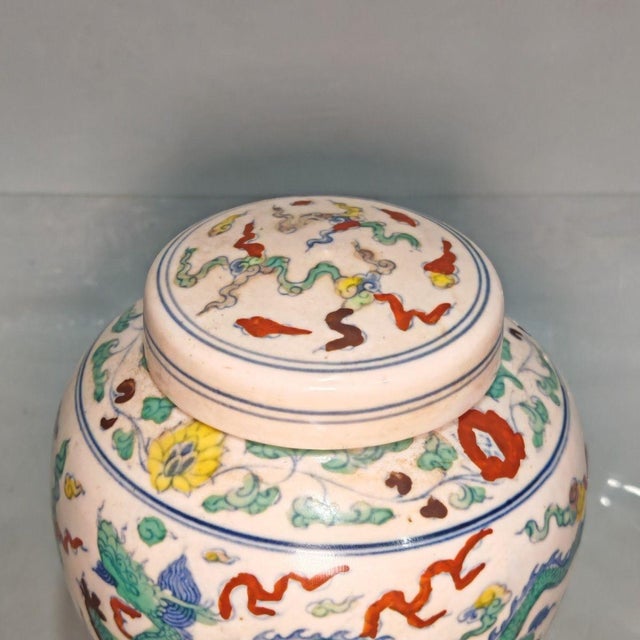 Chinoiserie Wucai Dragon Motif Porcelain Ginger Jar, Chinoiserie Lidded Canister For Sale - Image 3 of 9
