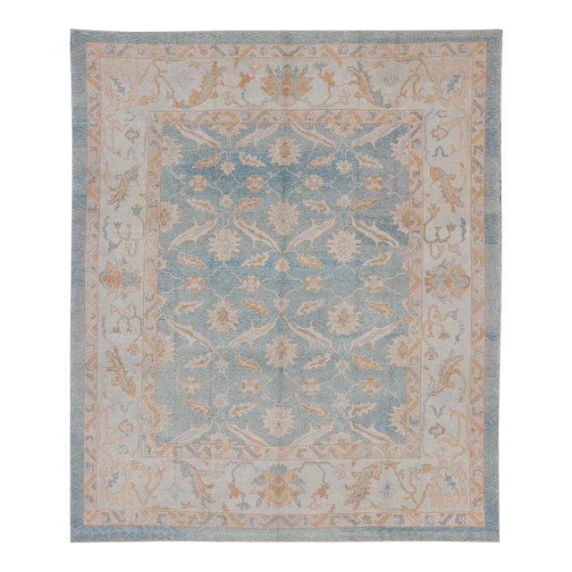 Square Turkish Oushak Rug in Light Blue, Light Brown, Salmon, Silver & Tan For Sale
