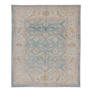 Square Turkish Oushak Rug in Light Blue, Light Brown, Salmon, Silver & Tan