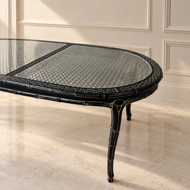 Vintage Chinoiserie Dark Jade Lacquer Faux Bamboo Dining Table With Glass & Woven Panel Top For Sale - Image 11 of 13