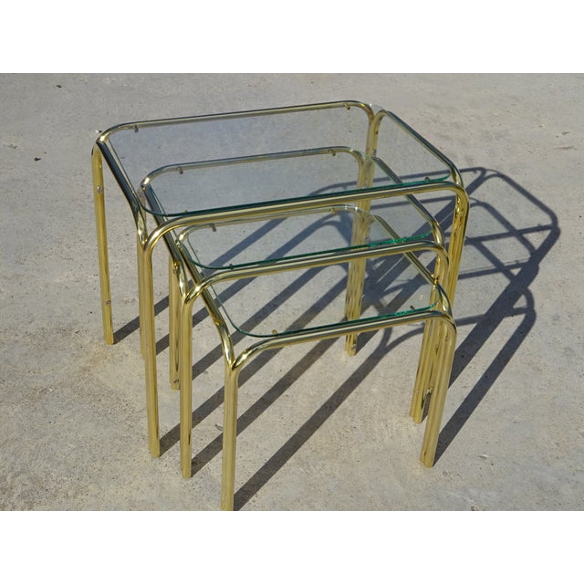 Nesting Tables in Gilt Metal and Tempered Glass, 1990s, Set of 3 For Sale - Image 18 of 18