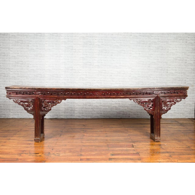 Mid 19th Century Large Qing Dynasty Chinese Altar Console Table with Fretwork and Dragon Motifs For Sale - Image 5 of 13