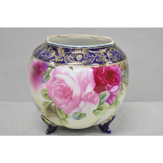 Antique Nippon Hand Painted Moriage Pink Rose Porcelain Biscuit Jar Vase For Sale - Image 16 of 16