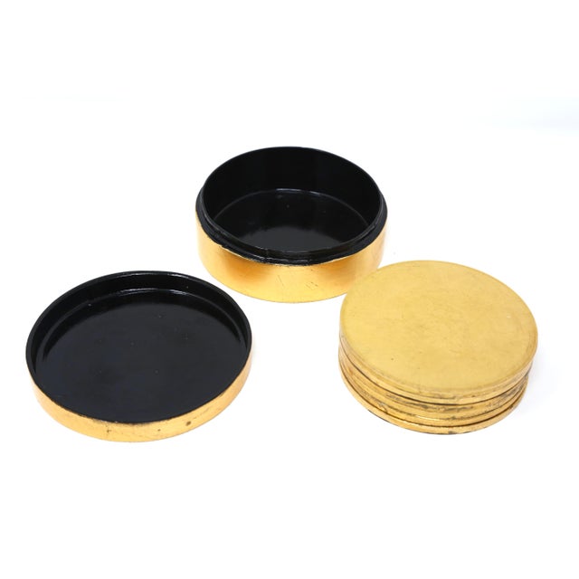 Wood Vintage Gold Leaf and Lacquer Beverage Coaster Set With Lidded Holder — Set of 7 For Sale - Image 7 of 8