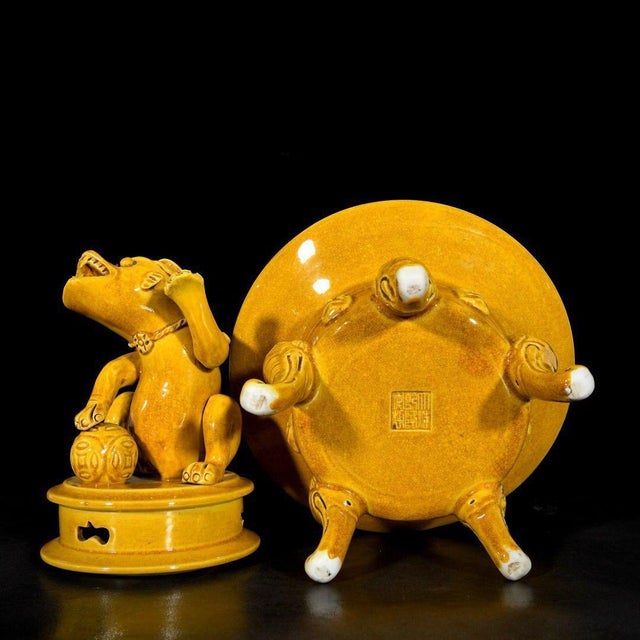 Chinese Yellow Glazed Porcelain Censer / Incense Burner With Foo Dog & Elephant Legs For Sale - Image 4 of 9