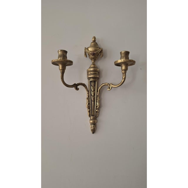 Pair Vintage Bronze Wall Candle Sconces, French Regency Style Candelabra, Hollywood Regency Brass Wall Decor, Neoclassical Candle Holders For Sale - Image 9 of 14