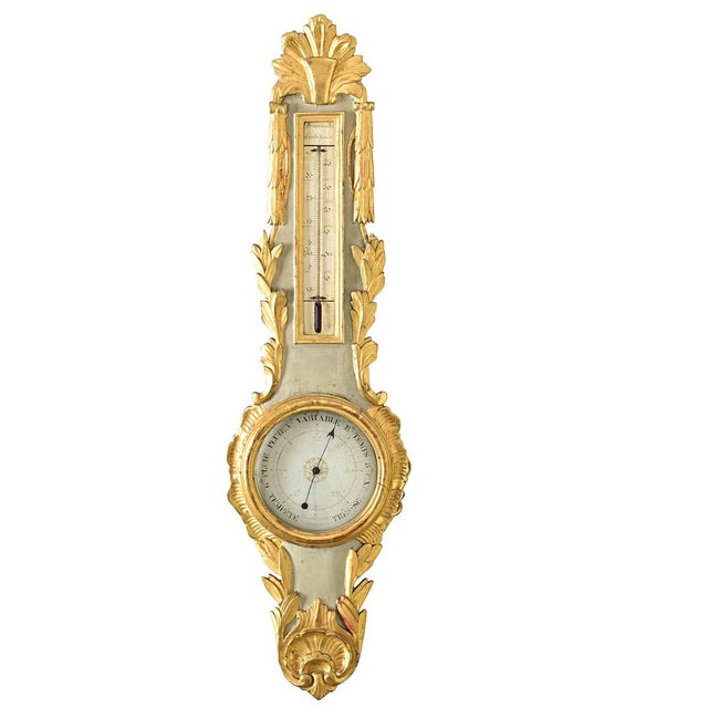 Dimensions: 38 ¼” H x 10” W x 2 ⅜” D A gorgeous French 19th century painted and gold gilt barometer with thermometer. The...