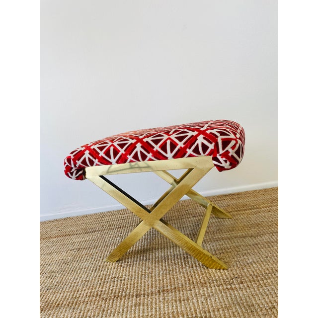 Vintage 1970s Pair of Brass X Base Weiman / Warren Lloyd Mastercraft Geometric Velvet Upholstered Stools Ottomans For Sale - Image 16 of 18