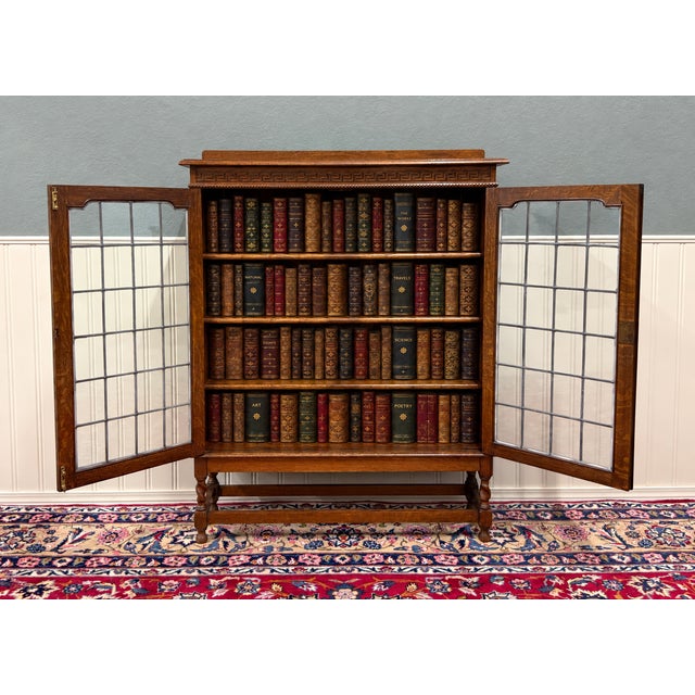 English Antique English Bookcase Cabinet Double Door Leaded Wavy Glass Oak c.1930s For Sale - Image 3 of 18