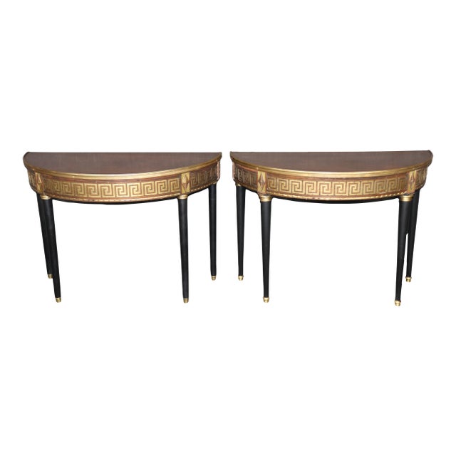 Pair of Rare Bronze Mounted Ebonized Greek Key Similar Demilune Console Tables For Sale
