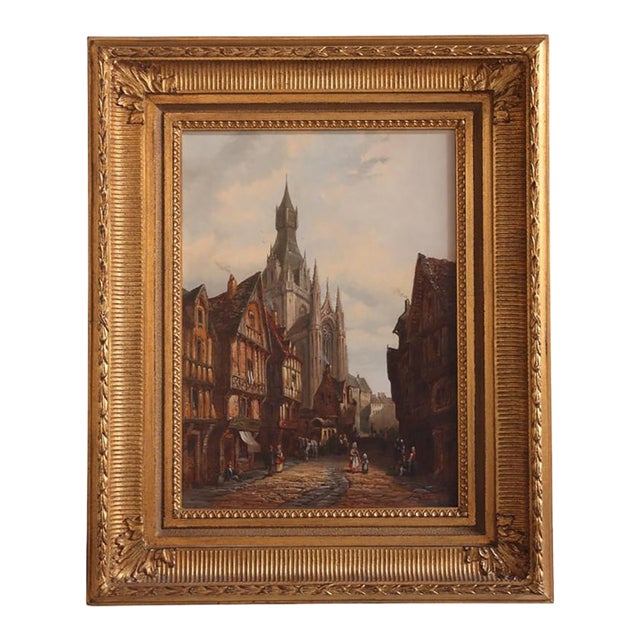 1930s Flemish Cathedral Oil Painting on Canvas in Giltwood Frame For Sale