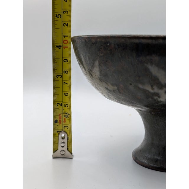 Late 20th Century Handcrafted Studio Pottery Blue Gray Glaze Speckled Pedestal Bowl Signed For Sale - Image 4 of 12