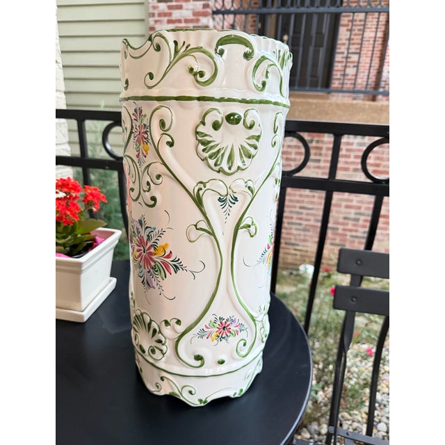 Mediterranean Vintage RCCL Portugal Hand Painted Ceramic Umbrella Stand #379 – Large Floral & Green Scrolls - Mediterranean Chic For Sale - Image 3 of 6