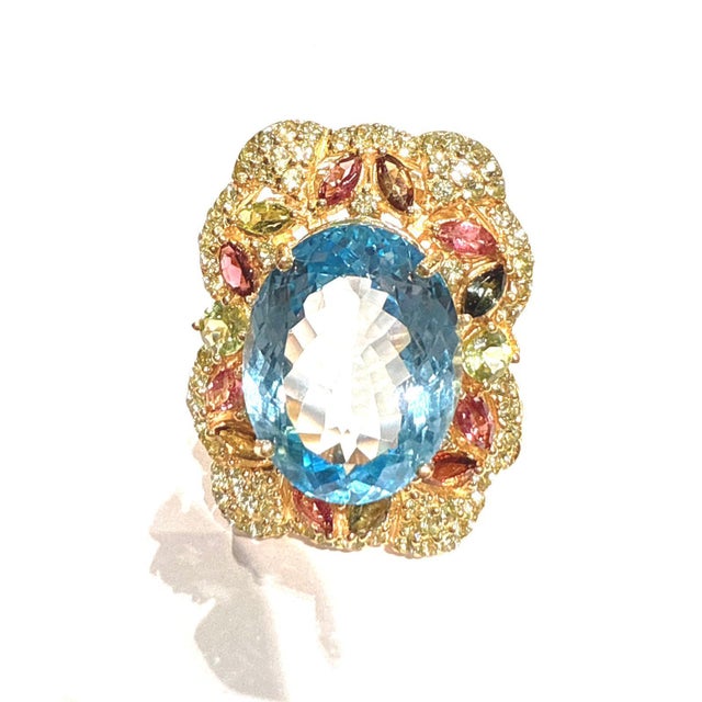 Blue Bochic “Orient” Blue Topaz & Multi Gem Cocktail Ring Set In 18K Gold & Silver, Size 7 For Sale - Image 8 of 9