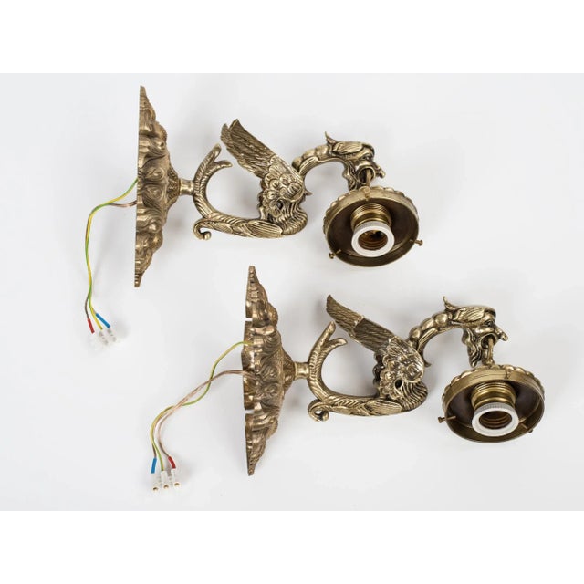 1950s 1950s Spanish Gothic Revival Brass Dragon Wall Sconces With Opal Glass Shades - A Pair For Sale - Image 5 of 9