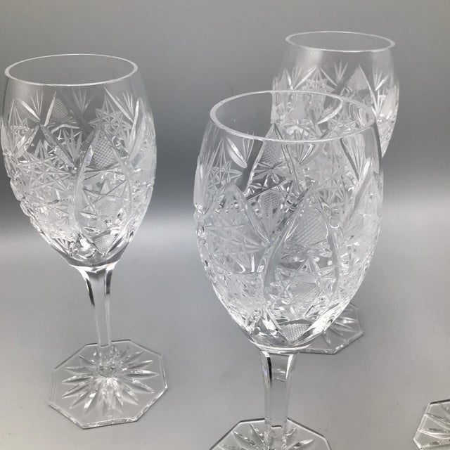 Hollywood Regency Star Pattern Crystal Wine Glasses Antique Deep Cut -Set of 6 For Sale - Image 3 of 13