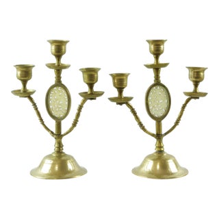 Vintage Brass Candelabra With Carved Jade Inset, Set of 2 For Sale