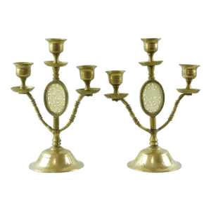 Vintage Brass Candelabra With Carved Jade Inset, Set of 2
