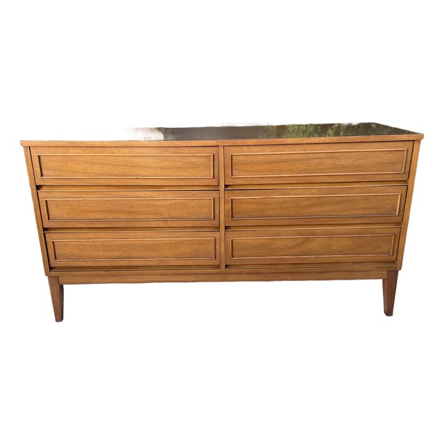 Vintage Dixie Furniture Co. Walnut 6-Drawer Lowboy Dresser, Mid-Century Modern For Sale