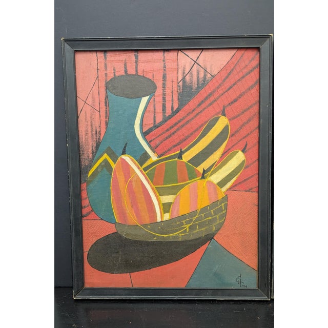 Pair of fantastic stylized original paintings dated 1954. Signed ET Framed in black wood frames. Cardboard backing held in...