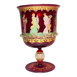 1920s Italian Venetian Salviati Murano Hand Enameled Ruby Glass Chalice
