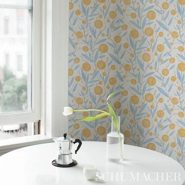 Schumacher Schumacher Mirabelle Wallpaper in Yellow & Sky - 10 Yards For Sale - Image 4 of 5