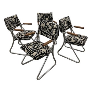 Set of 4 Vintage 1970’s Daystrom Chrome Tubular Dining Chairs With Wooden Armrests For Sale
