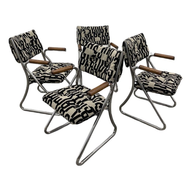 Set of 4 Vintage 1970’s Daystrom Chrome Tubular Dining Chairs With Wooden Armrests For Sale