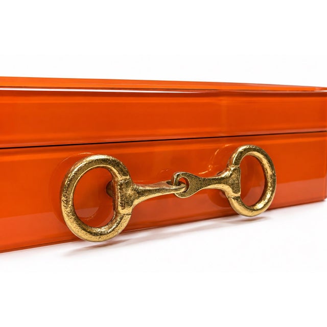 Equestrian Horse Bits Hermes Style Orange Glossy Glass Decorative Box For Sale - Image 4 of 7