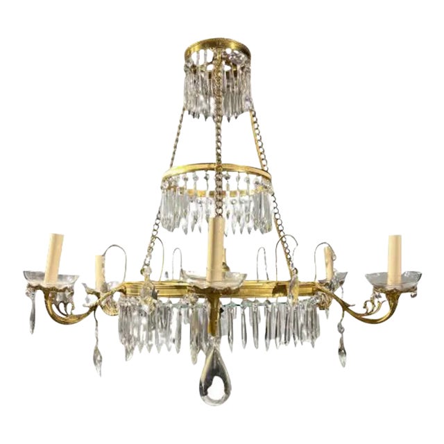 1920s Empire Bronze 6 Lights Chandelier With Hanging Crystals For Sale