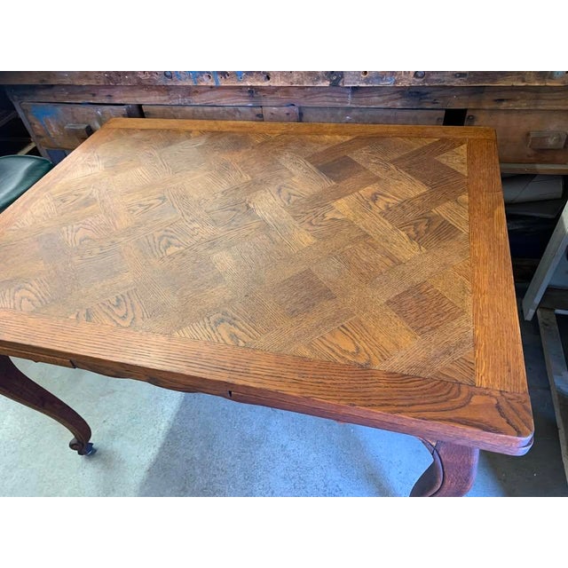 1920s French Provincial Oak Parquet Draw Leaf Dining Table For Sale - Image 4 of 11