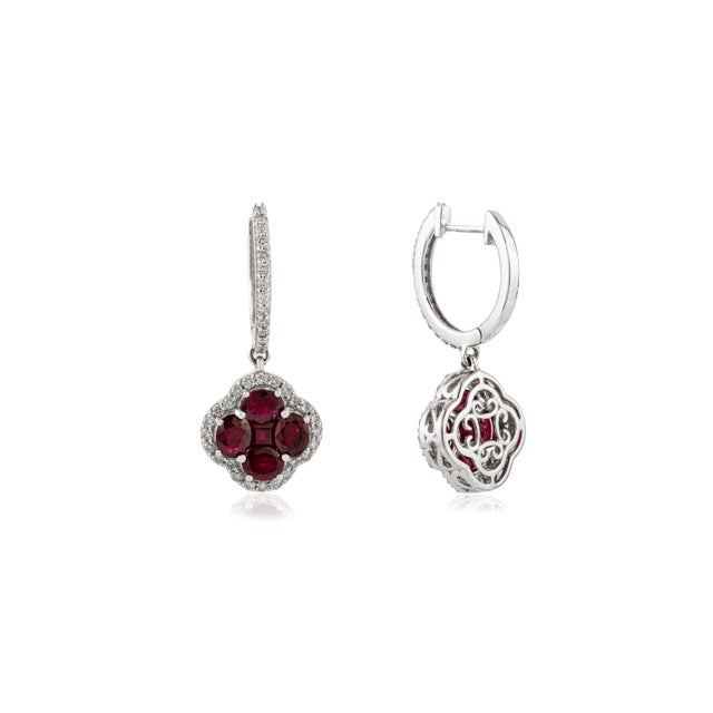 Rustic European Shamrock Design Natural 3.94ct Ruby & Diamond Drop Hoop Earrings in 14k Gold- A Pair For Sale - Image 3 of 10